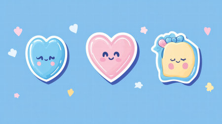 Three adorable heart shaped stickers in blue, pink, and yellow are smiling small amid heart shaped decorations on a blue backdrop.の素材