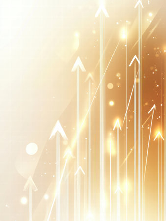 Upward arrows in a soft golden hue radiate energy and positivity, creating a dynamic abstract composition that inspires growth.の素材
