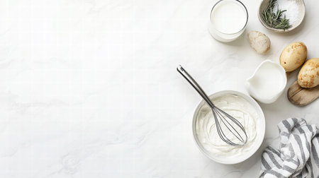 A bowl of creamy mix sits with a whiskey beside fresh ingredients on a clean white countertop, evoking a culinary atmosphere.の素材