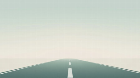 An endless asphalt road vanishes into a foggy horizon while soft light creates a tranquil atmosphere in the surroundings.の素材