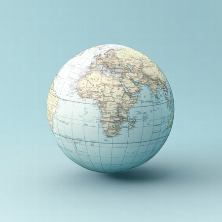 A detailed globe highlighting the continents and oceans rests on a light blue surface, perfect for educational and decorative purposes.の素材