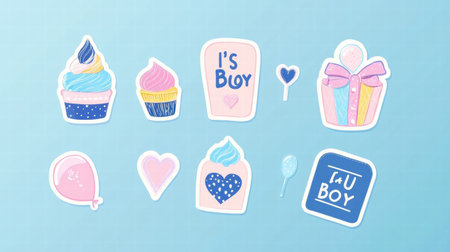 A collection of vibrant stickers showcases delightful cupcakes, a gift box, and playful heart and balloon designs for fun celebrations.の素材