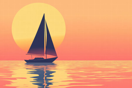 A sailboat navigates calm waters as a stunning sunset paints the sky in warm colors, reflecting on the serene surface.の素材