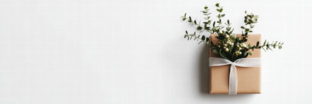 A beautifully wrapped gift sits against a clean backdrop, featuring a delicate ribbon and sprigs of greenery that enhances its charm.の素材