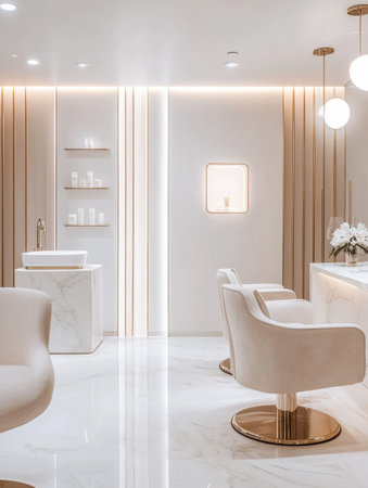 Inside the beauty salon, sleek furniture, soft lighting, and minimalist decor create a tranquil atmosphere for pampering.の素材