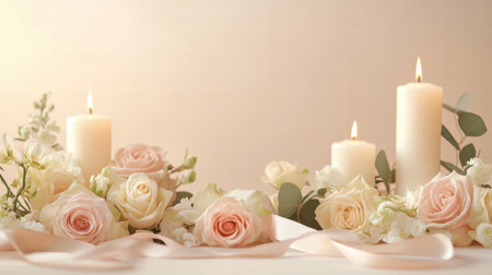 Beautifully arranged roses and candles create an enchanting atmosphere for a special occasion, enhancing the romantic ambiance of the setting.の素材