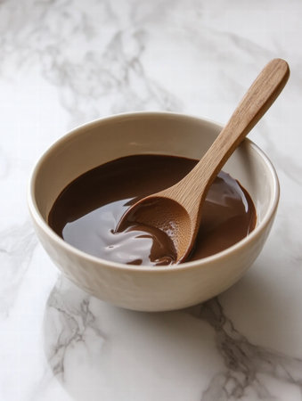 A bowl filled with a smooth chocolate mixture rests on a marble countertop with a wooden spoon nestled in it.の素材