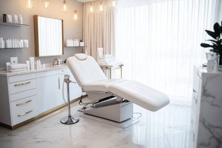 Bright and inviting spa treatment room featuring a comfortable treatment bed, aesthetic products on shelves, and soft lighting ambiance.の素材