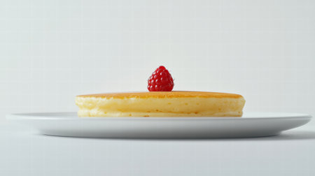 Fluffy pancake topped with a fresh raspberry sits on a white plate against a clean background, highlighting its simple elegance and appeal.の素材