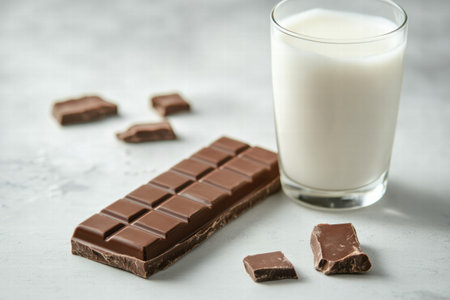 A rich chocolate bar is placed beside a glass of refreshing milk with scattered chocolate pieces around, inviting a delightful treat.の素材