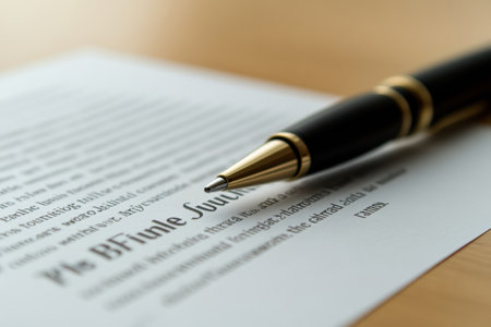 A black pen rests on a document featuring printed text, displayed on a wooden table. The setup highlights the importance of written communication.の素材