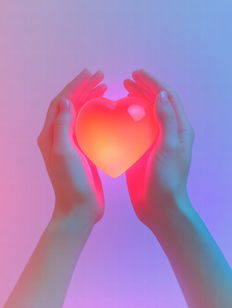 Two hands are cradling a luminous heart shaped object, emitting a warm glow amidst a gradient of soft pink and blue hues.の素材