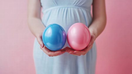 A pregnant woman in a light dress stands holding a blue egg in one hand and a pink egg in the other, symbolizing an exciting gender reveal.の素材