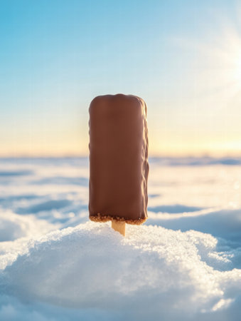 A chocolate covered ice cream stick rests in a blanket of snow as the sun sets on the horizon, creating a serene winter evening atmosphere.の素材