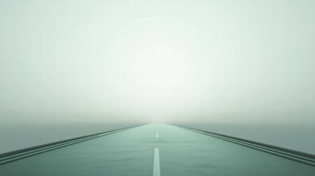 A long, straight road leads into dense fog, evoking a sense of mystery and tranquility in the soft morning light.の素材