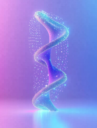 A glowing DNA helix twists elegantly in a futuristic environment, highlighting the marvels of genetics against a purple and blue backdrop.の素材