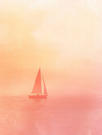 A small sailboat drifts through a misty seascape at dawn, surrounded by soft pastel colors illuminating the tranquil water.の素材