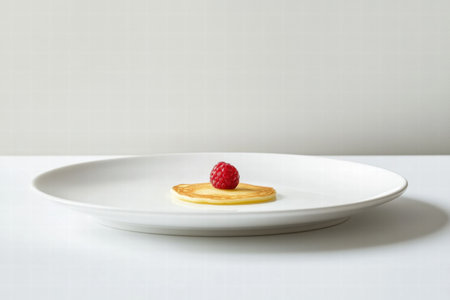 A single pancake is elegantly placed on a white plate, adorned with a fresh raspberry, highlighting a simple yet refined culinary presentation.の素材
