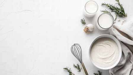 Fresh whipped cream is being prepared with herbs and garlic on a clean kitchen counter surrounded by additional ingredients.の素材