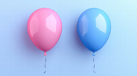 Two vibrant balloons, one pink and one blue, float side by side against a calm blue backdrop, creating a joyful and festive ambiance.の素材