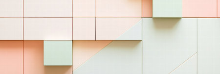 Colorful geometric shapes in pastel hues create a visually pleasing wall design in a contemporary interior space.の素材