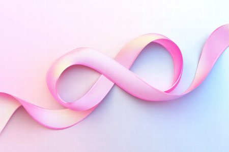 A pink ribbon elegantly stretches across a soft background, representing solidarity and awareness for cancer research and support initiatives.の素材