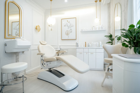The skincare treatment room features modern furnishings, bright lighting, and elegant decor, promoting a calm and inviting atmosphere.の素材