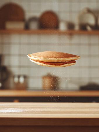 Two pancakes are suspended in mid air above a wooden counter, creating a whimsical moment in a cozy kitchen environment.の素材