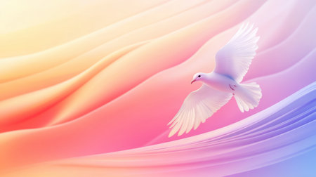 A white dove gracefully flies through a dreamy backdrop of pastel colors, showcasing soft waves and a tranquil dawn atmosphere.の素材