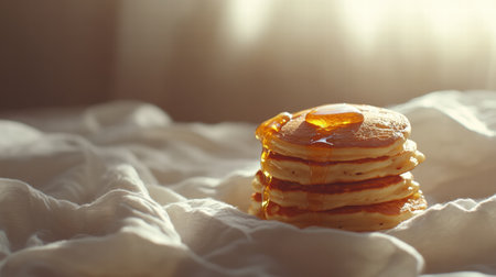 Fluffy pancakes stacked high with golden syrup glistening under soft morning sunlight on a light colored bed sheet.の素材