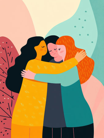 Three friends share a warm embrace, surrounded by a vibrant background featuring abstract shapes and soothing colors.の素材