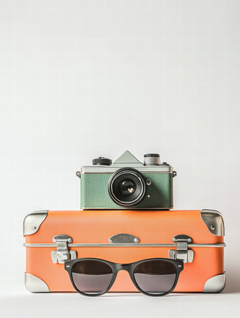 A green classic camera rests atop an orange suitcase, accompanied by stylish black sunglasses, ideal for capturing summer adventures.の素材
