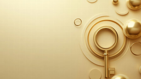 Magnifying glass placed on a smooth golden surface surrounded by circles and spheres, creating a modern abstract composition with elegance.の素材