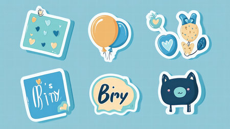 Stickers display bright designs with balloons, hearts, and adorable animals against a light blue background, perfect for creative projects.の素材