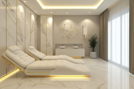 Two stylish lounge chairs are positioned in a serene spa environment featuring marble walls, soft lighting, and a calming ambiance.の素材