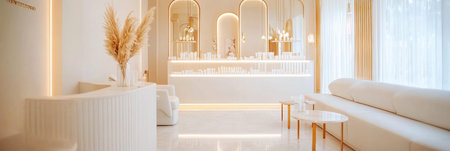 A serene, contemporary spa space with soft lighting, white furnishings, and natural decor elements creating a tranquil experience for visitors.の素材
