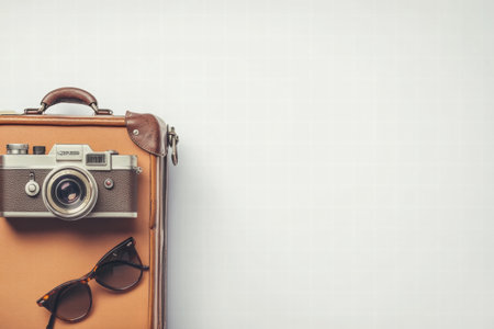 A stylish brown leather suitcase holds a vintage camera and sunglasses, suggesting preparation for a memorable travel experience.の素材