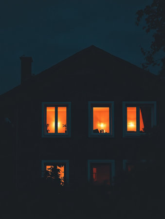 Soft orange light spills from the windows of a house at night, creating a warm and inviting atmosphere in a quiet residential area.の素材