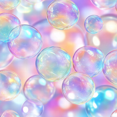 A vibrant array of colorful soap bubbles fills the background, showing a playful repeating pattern that brings joy and delight.の素材