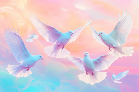 Soft pastel colors fill the sky as doves soar gracefully, creating a serene atmosphere at sunrise or sunset.の素材