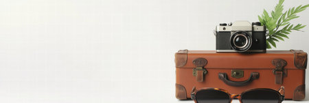 A vintage camera rests on a brown suitcase alongside sunglasses and a green leaf, creating a stylish travel themed arrangement.の素材