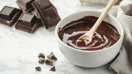 Rich dark chocolate is melted in a bowl with a wooden spoon, surrounded by chocolate bars and chips on a marble surface.の素材