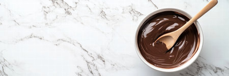 Melted chocolate smoothly fills a white bowl with a wooden spoon resting inside, situated on a marble countertop, perfect for baking.の素材