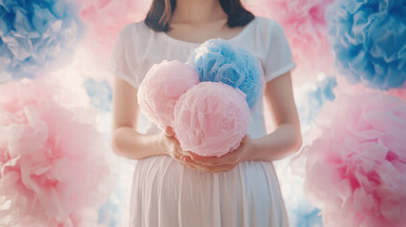 A pregnant woman stands gracefully, holding pink and blue tissue pom poms amidst a backdrop of similar decorations, exuding joy.の素材