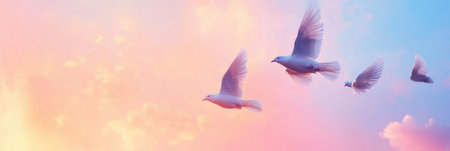 A flock of birds flies against a colorful sky during twilight, blending soft shades of pink, orange, and blue as the sun sets.の素材