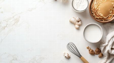 Various ingredients are arranged on a marble surface, showcasing pancakes, milk, ginger, and a whiskey for preparing a delicious meal.の素材
