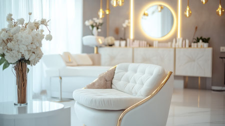 Cozy white seating with soft textures complements a stylish interior filled with natural light and decorative elements.の素材