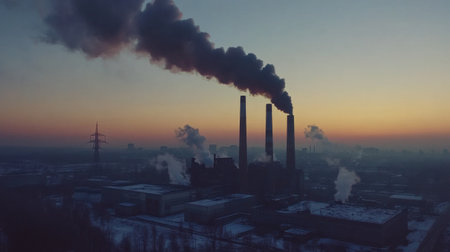 Tall industrial smokestacks emit dark smoke as the sun sets, creating a stark contrast against the vibrant evening sky.の素材