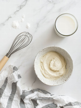 A mixing bowl filled with creamy batter sits alongside a whiskey and a glass of milk on a marble countertop, ready for baking.の素材