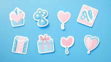 A vibrant collection of decorative stickers showcases cupcakes, hearts, and gifts arranged on a lively blue background.の素材